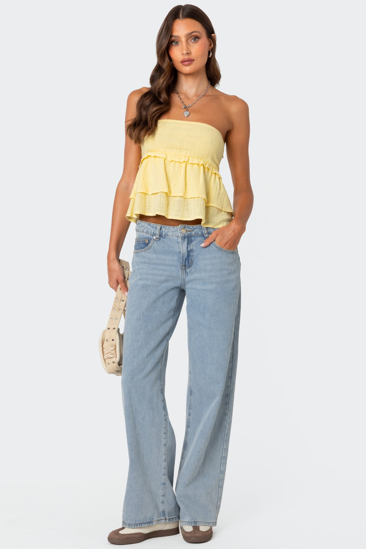 Linen Look Strapless Peplum Top - Image 2