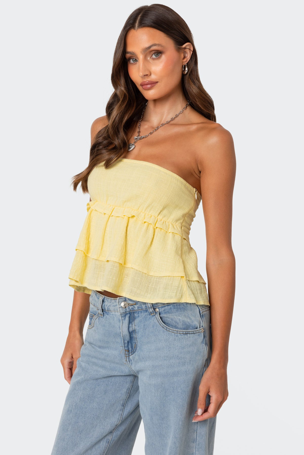Linen Look Strapless Peplum Top - Image 3