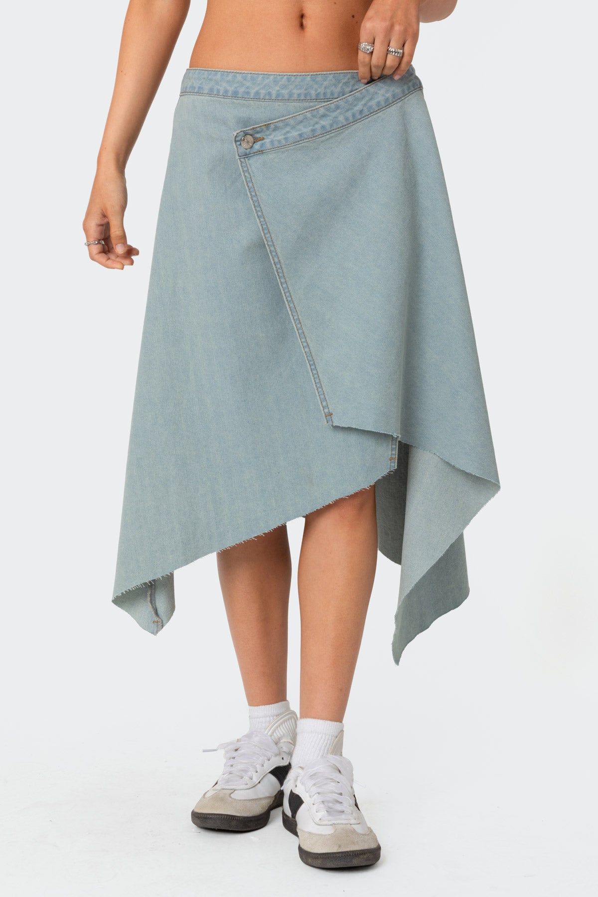 Asymmetric Wrapped Denim Midi Skirt - Image 2