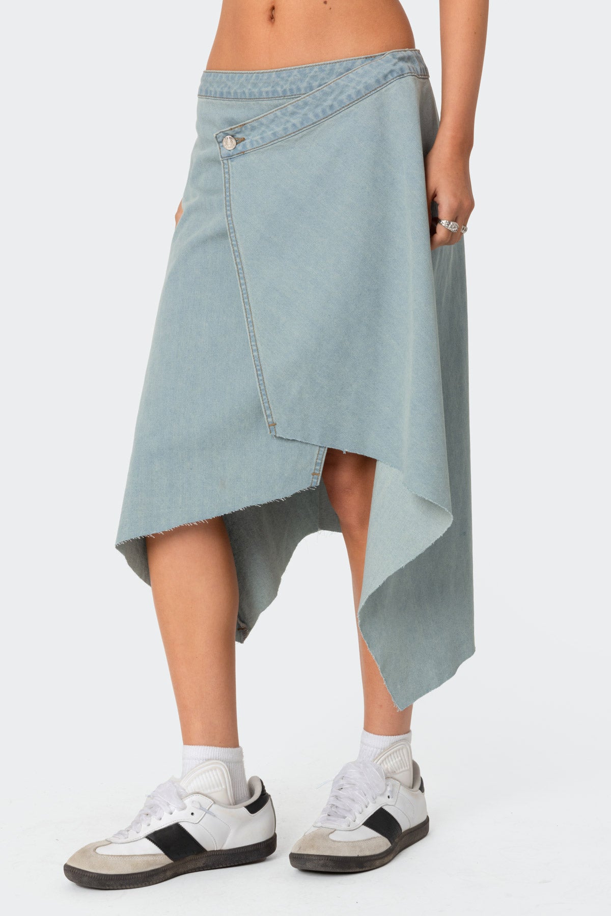 Asymmetric Wrapped Denim Midi Skirt - Image 3