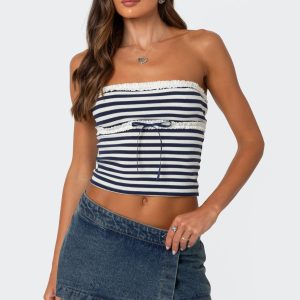Striped Eyelet Trim Tube Top