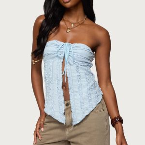 Textured Ruffle Split Front Strapless Top