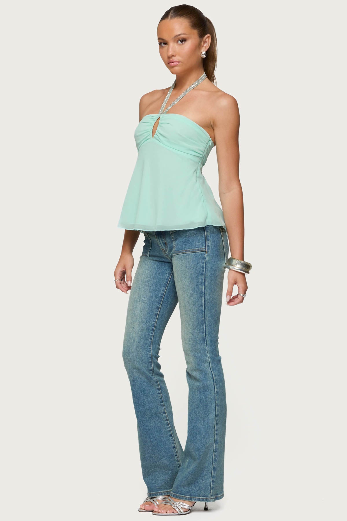 Sequin Chiffon Keyhole Halter Top - Image 4