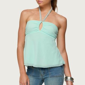 Sequin Chiffon Keyhole Halter Top