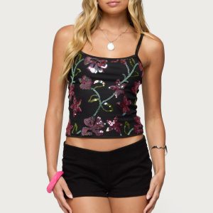 Beaded Floral Embroidered Tank Top