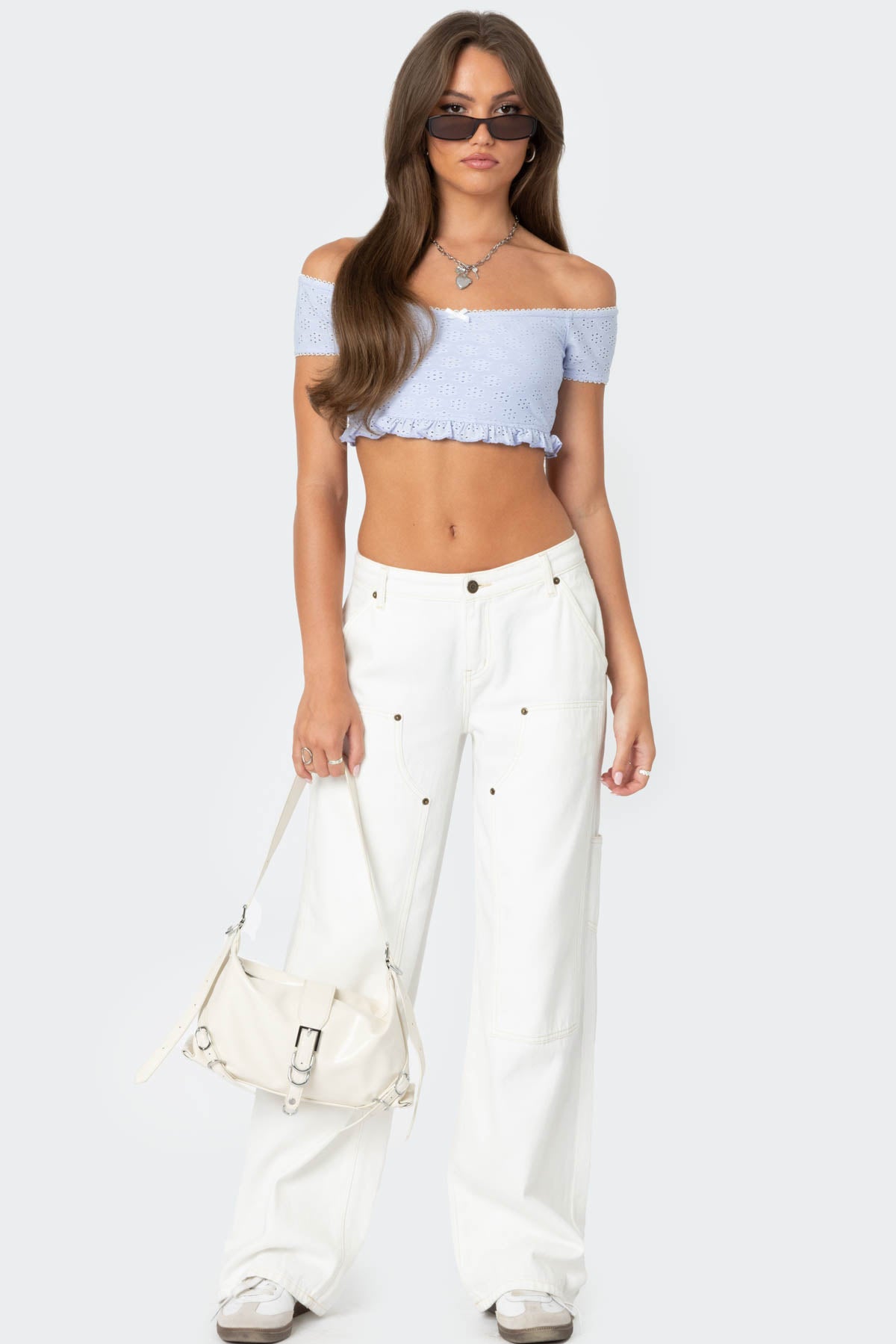 Off Shoulder Eyelet Crop Top - Image 2