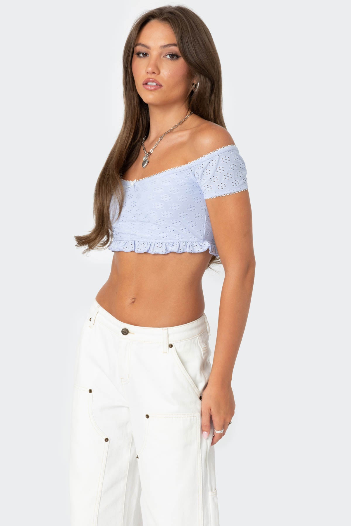 Off Shoulder Eyelet Crop Top - Image 3
