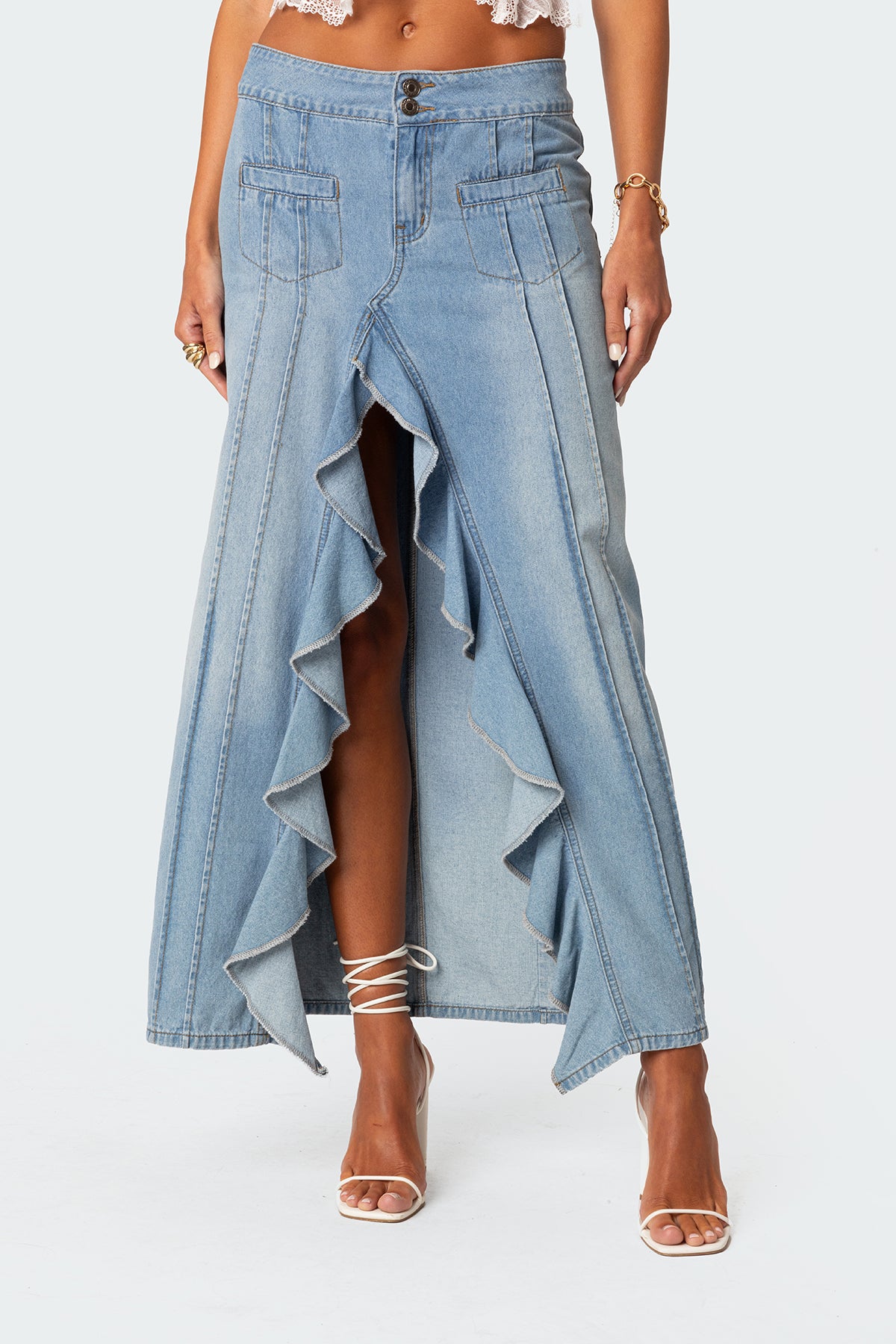 Valencia Ruffle Slitted Denim Maxi Skirt - Image 2