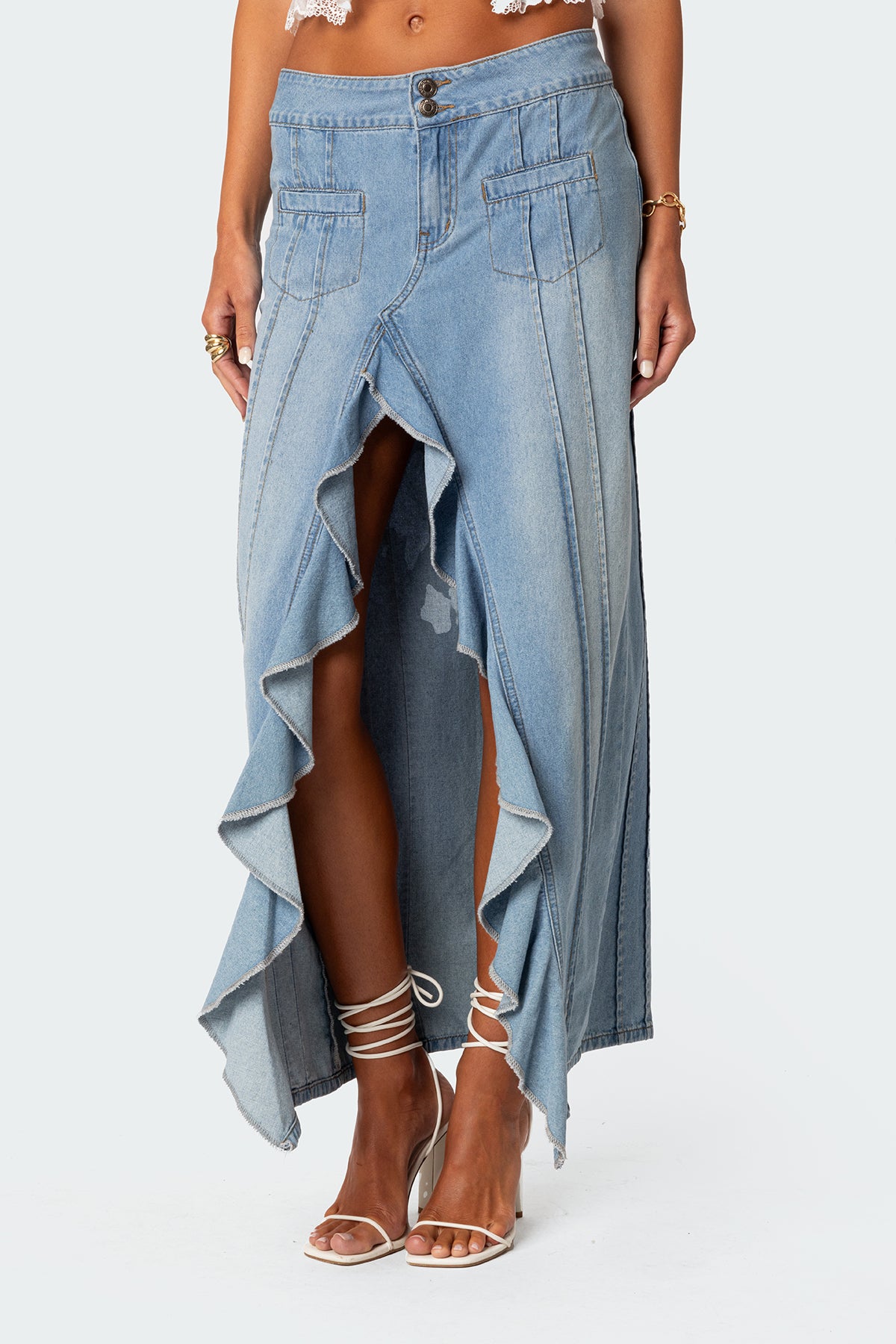 Valencia Ruffle Slitted Denim Maxi Skirt - Image 3