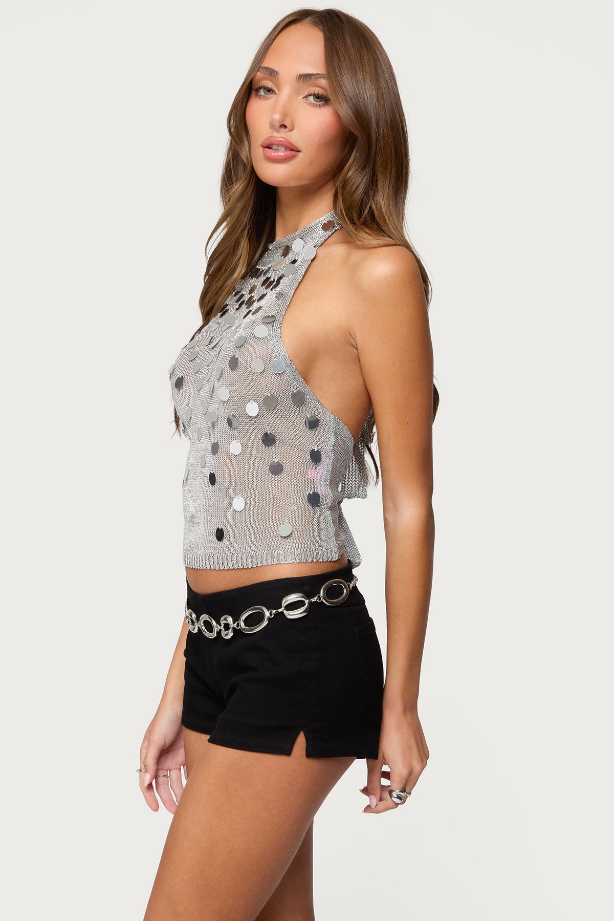 Shiny Sequin Backless Halter Top - Image 2