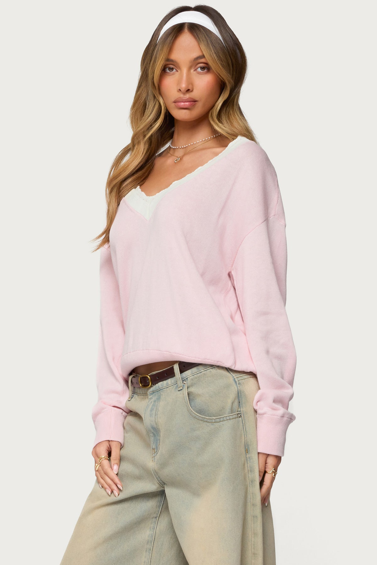 Marie Contrast Lacey V Neck Sweater - Image 3