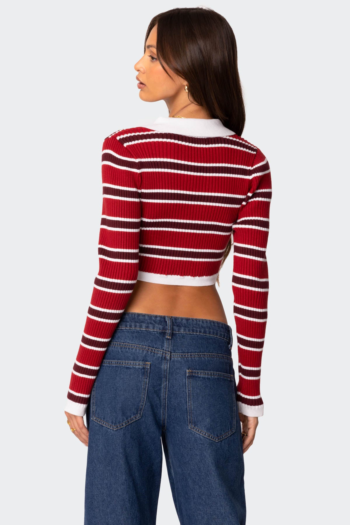 Collared Stripey Ribbed Crop Top - Image 5