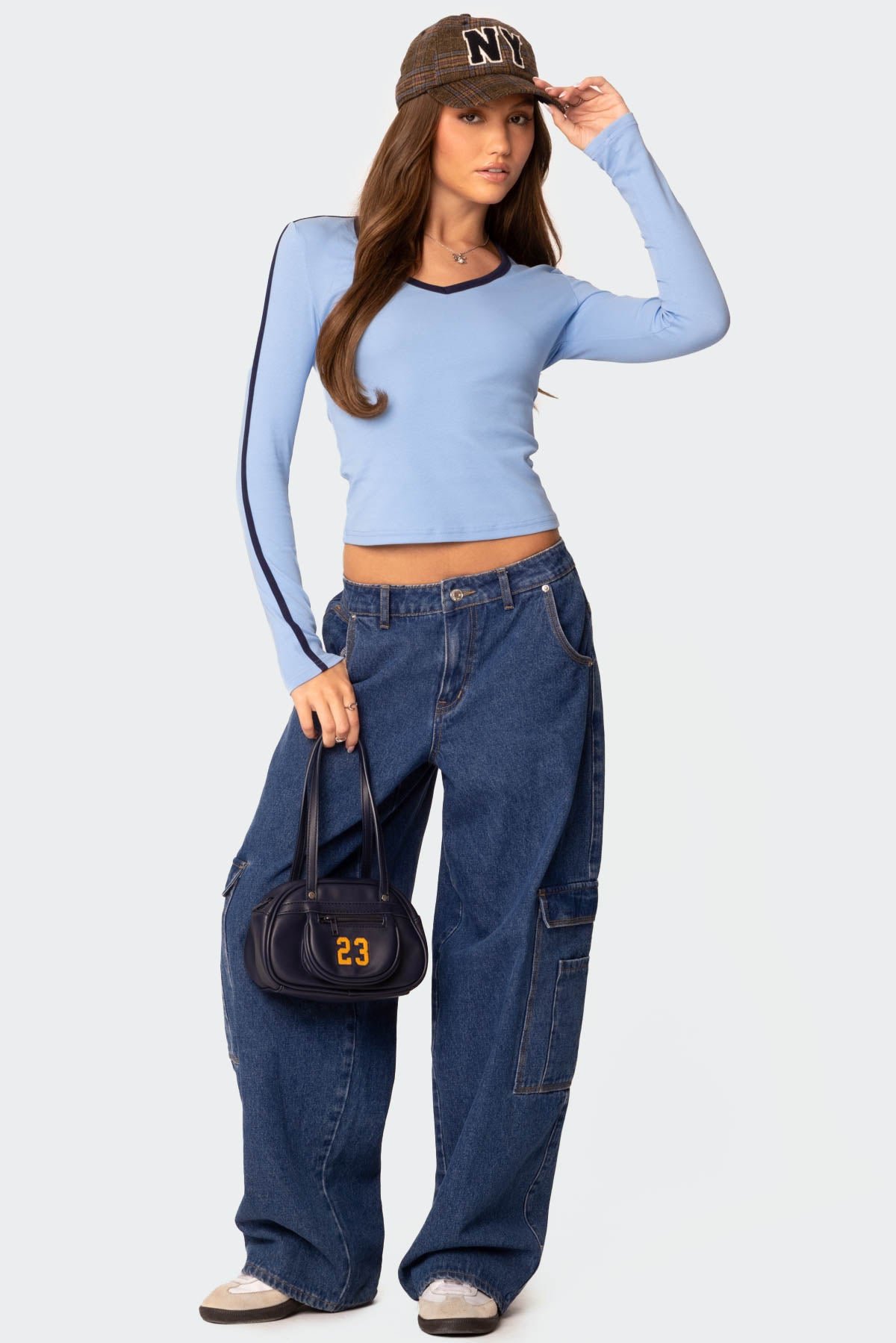 Contrast V Neck Long Sleeve T Shirt - Image 2