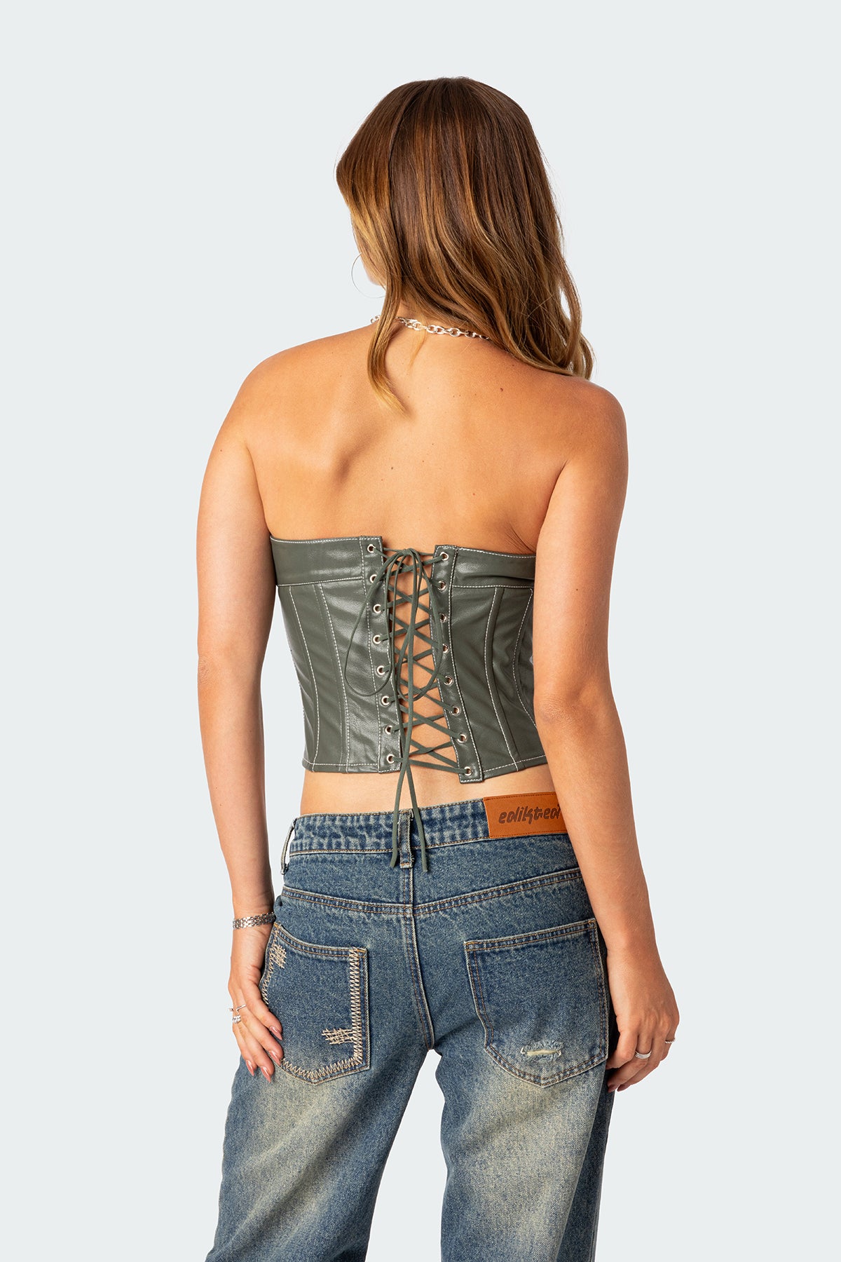 Moss Faux Leather Lace Up Corset - Image 4