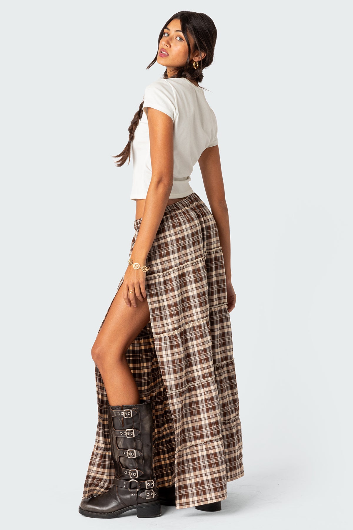 Plaid Side Slit Tiered Maxi Skirt - Image 4