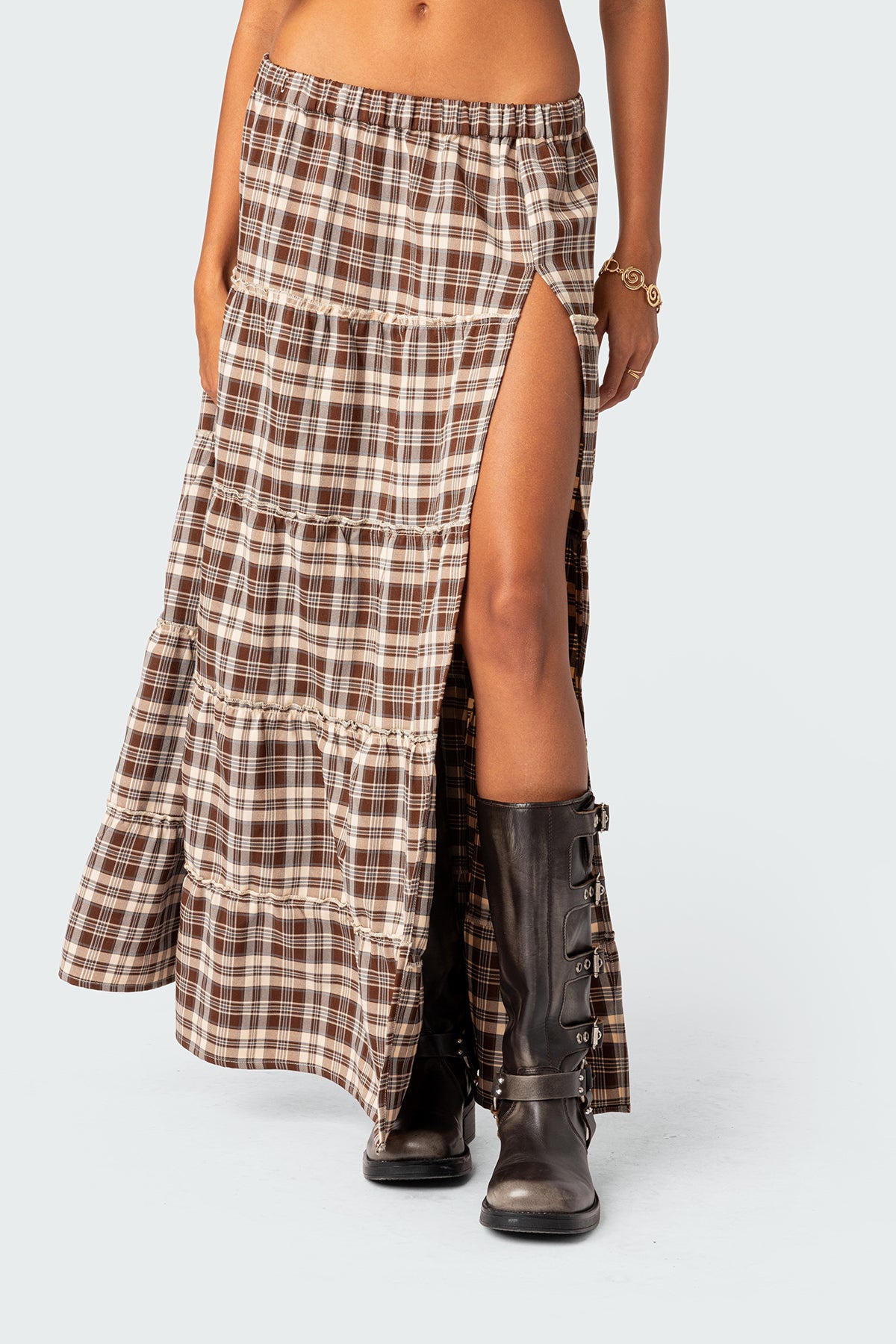 Plaid Side Slit Tiered Maxi Skirt - Image 2