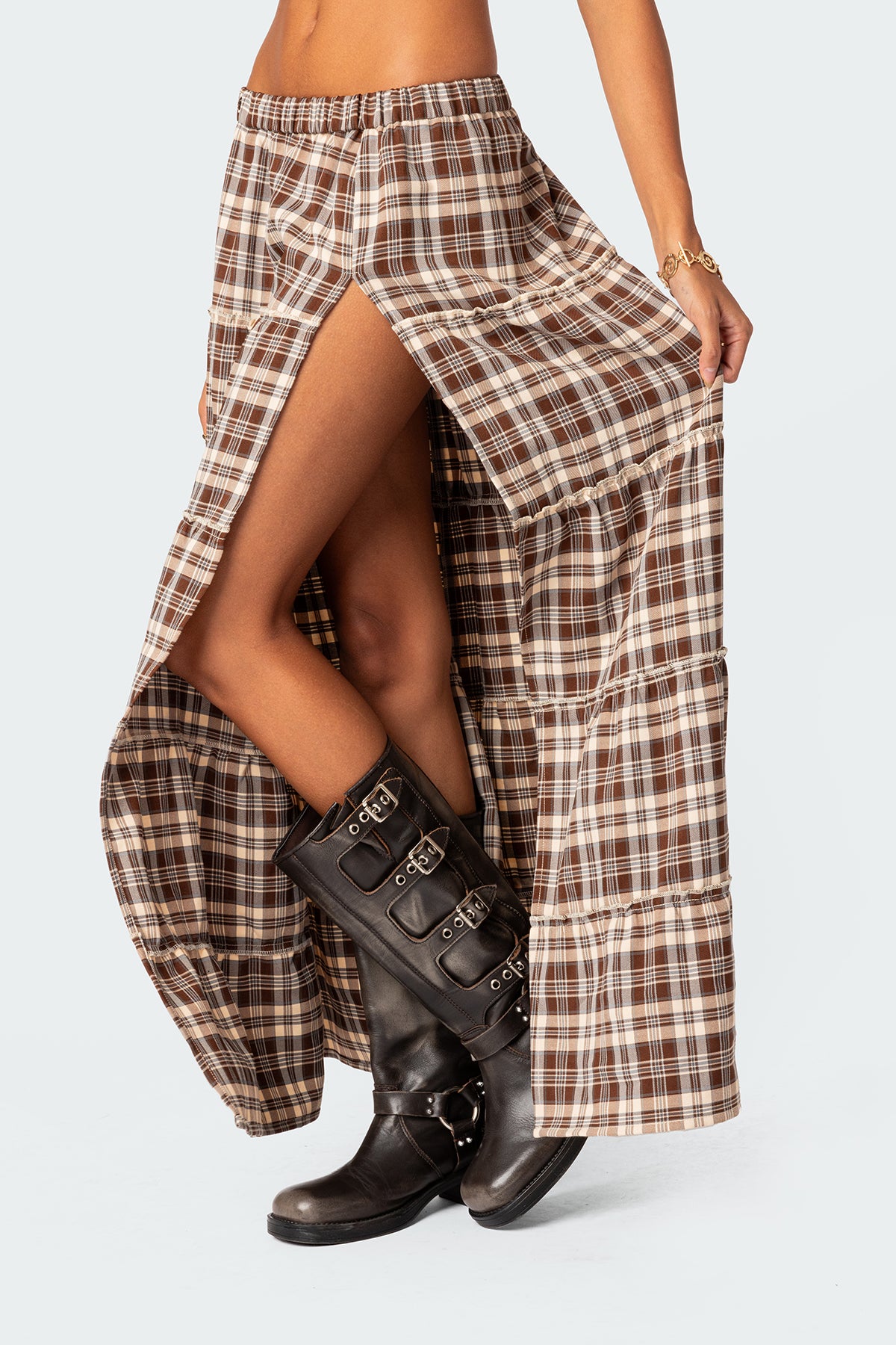 Plaid Side Slit Tiered Maxi Skirt - Image 3