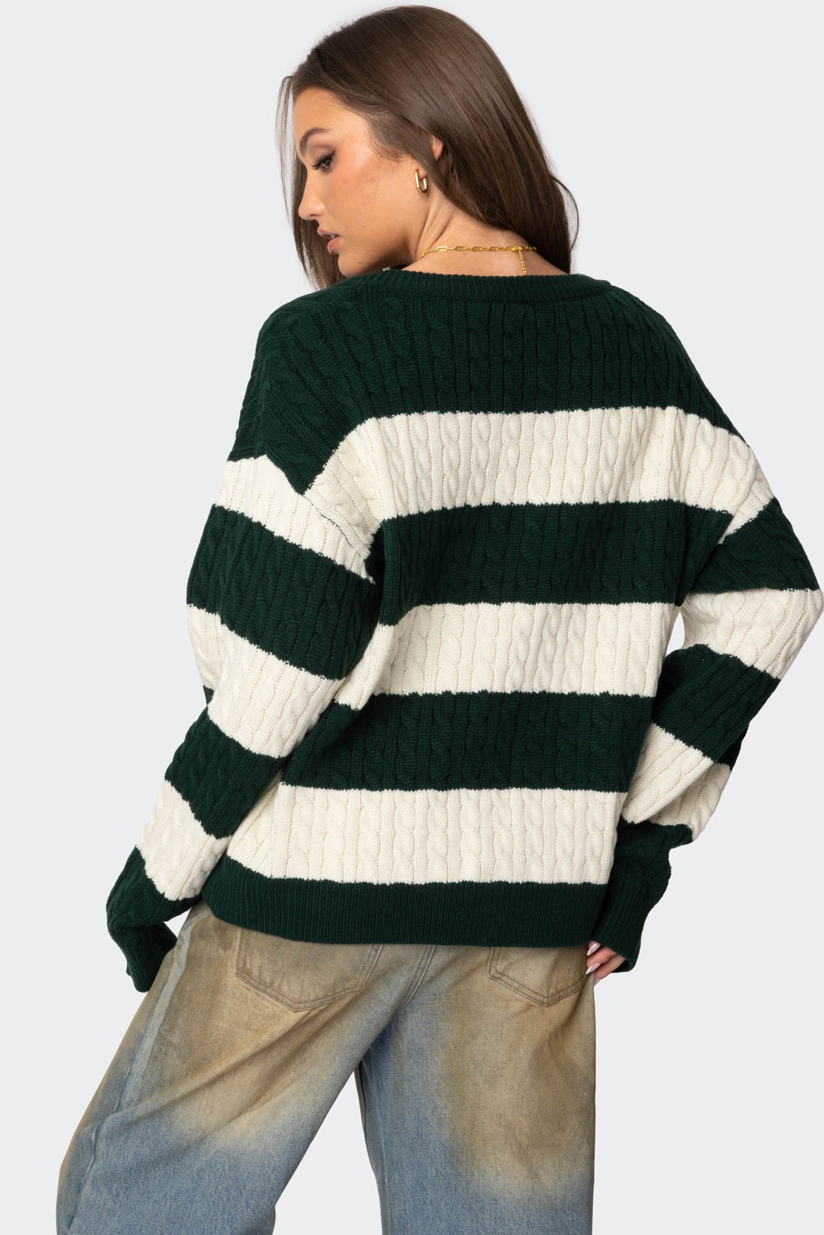 Oversized Striped Cable Knit Sweater - Image 4
