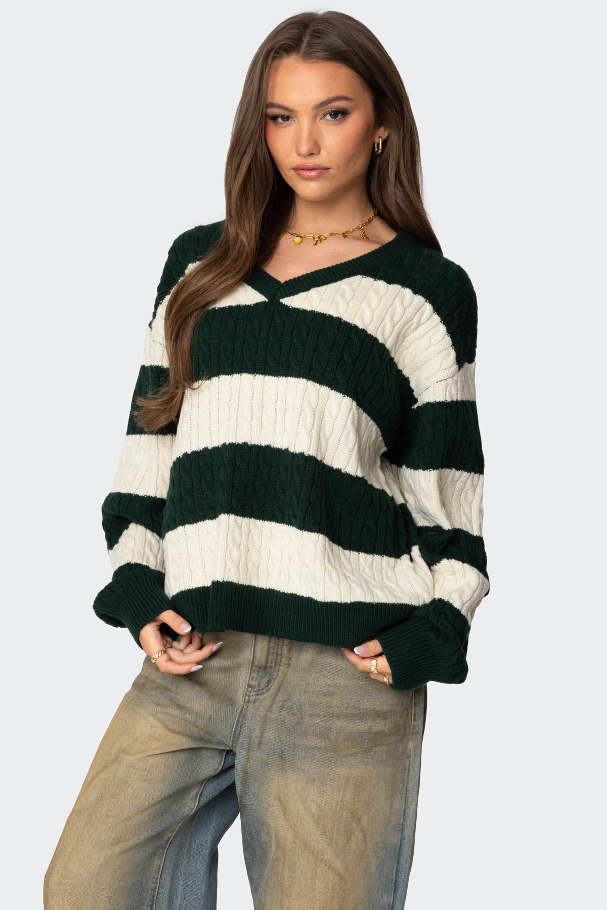 Oversized Striped Cable Knit Sweater - Image 3
