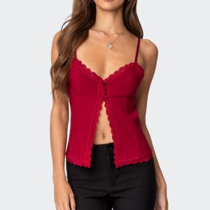 Crimson Lacey Split Front Top
