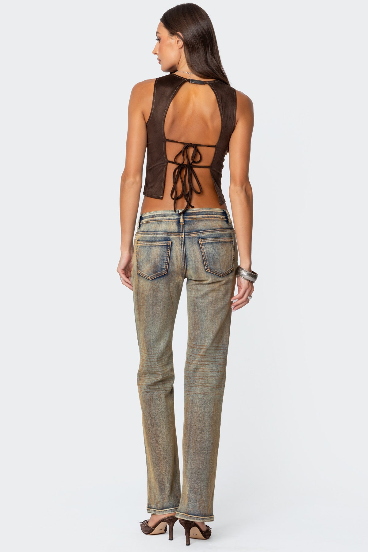 Tie Back Faux Suede Bustier Top - Image 2