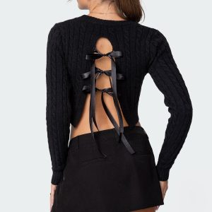 Bow Back Cropped Cable Knit Sweater