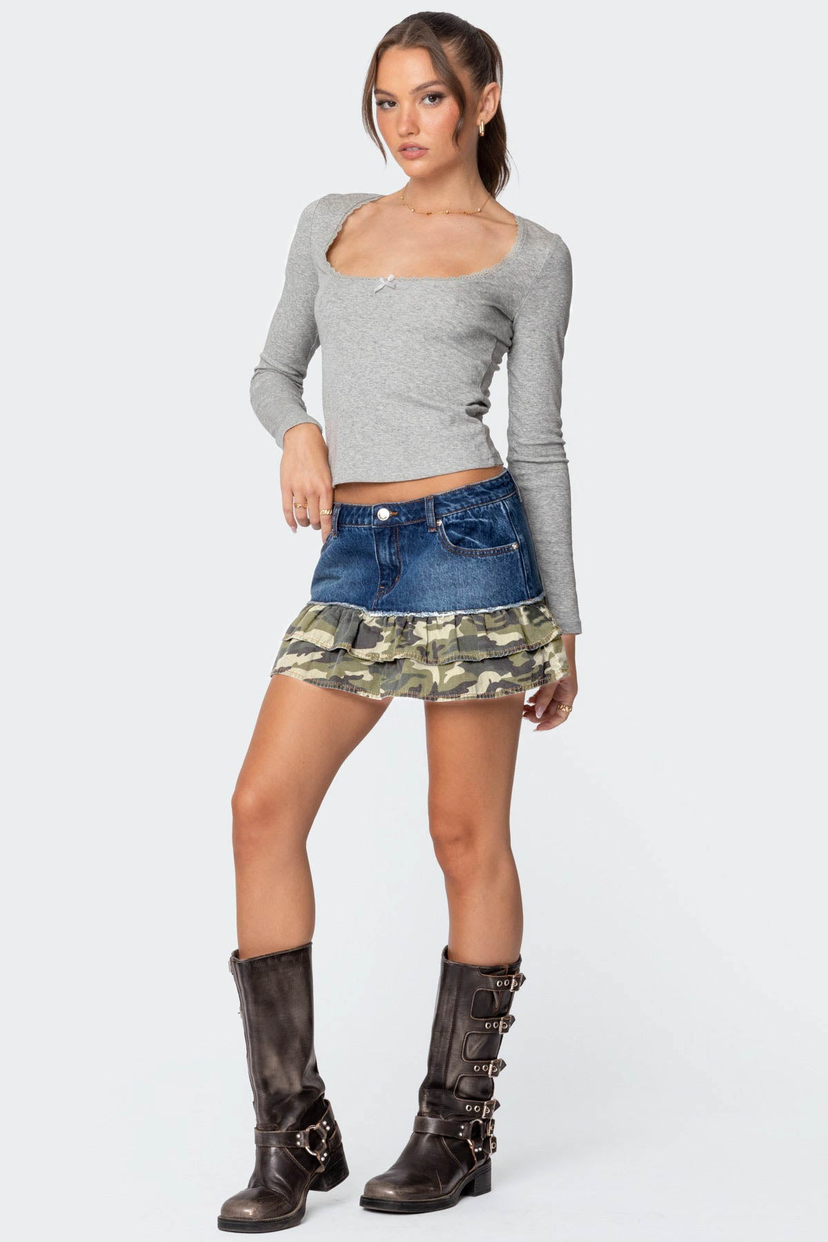 Camo Ruffle Denim Mini Skirt - Image 3