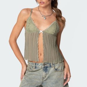 Pleated Lacey Split Front Tank Top