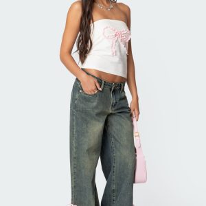 Bow Slitted Vintage Washed Jeans