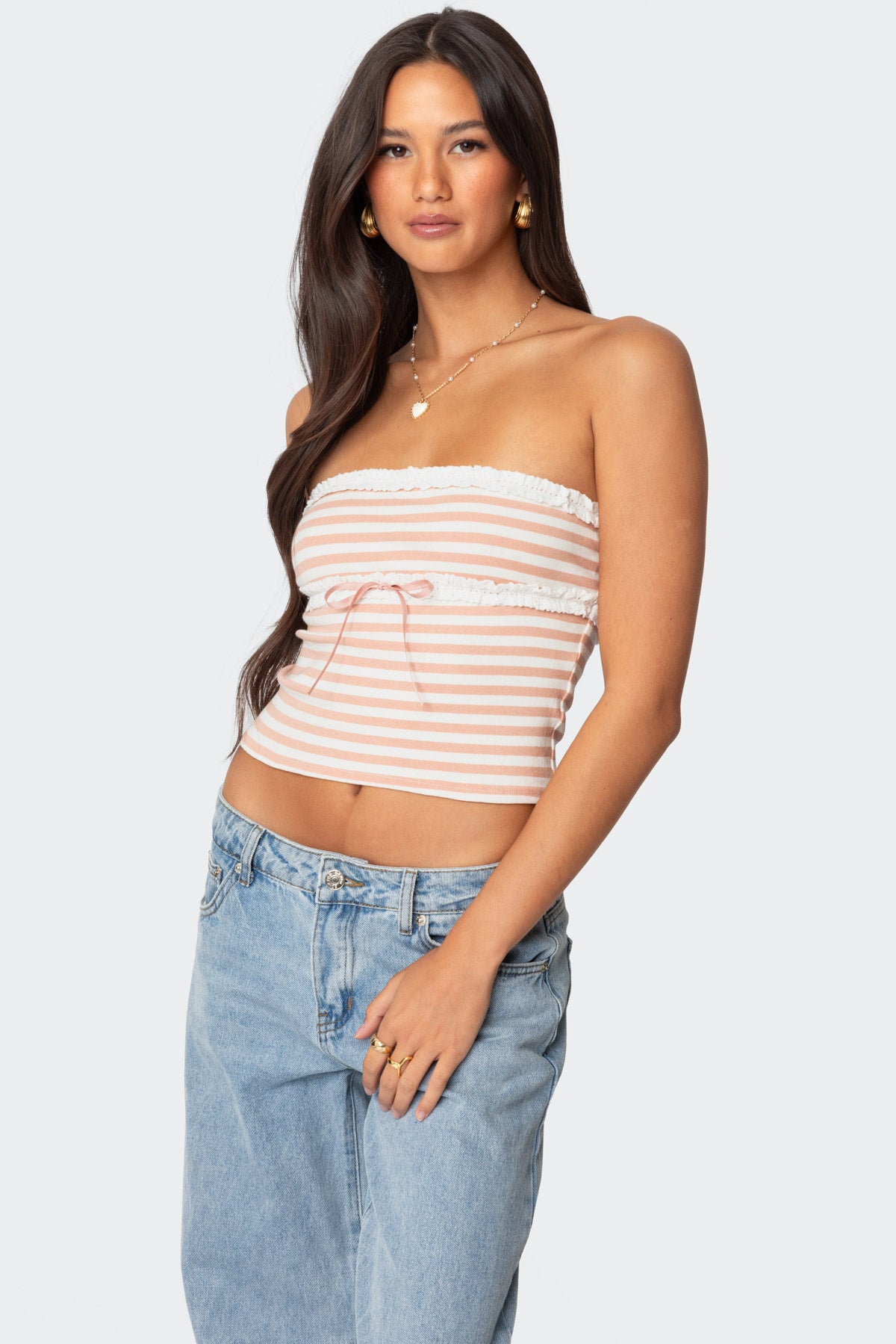 Striped Eyelet Trim Tube Top - Image 3