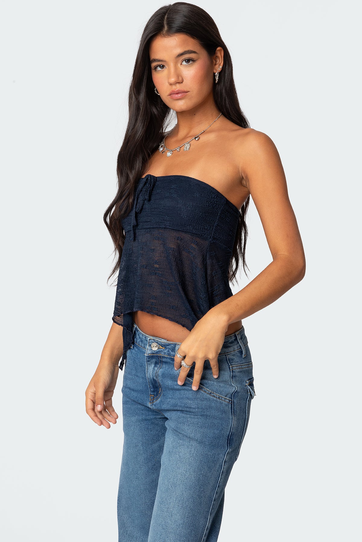 Embroidered Sheer Strapless Top - Image 4