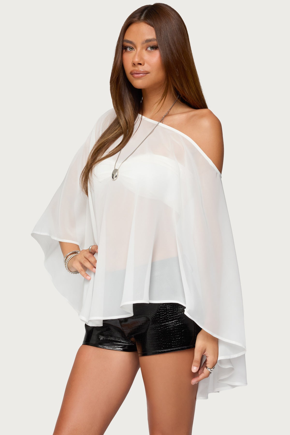 Sheer Chiffon Asymmetric Poncho - Image 3
