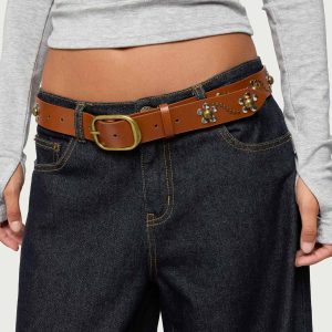 Flower Studded Faux Leather Belt
