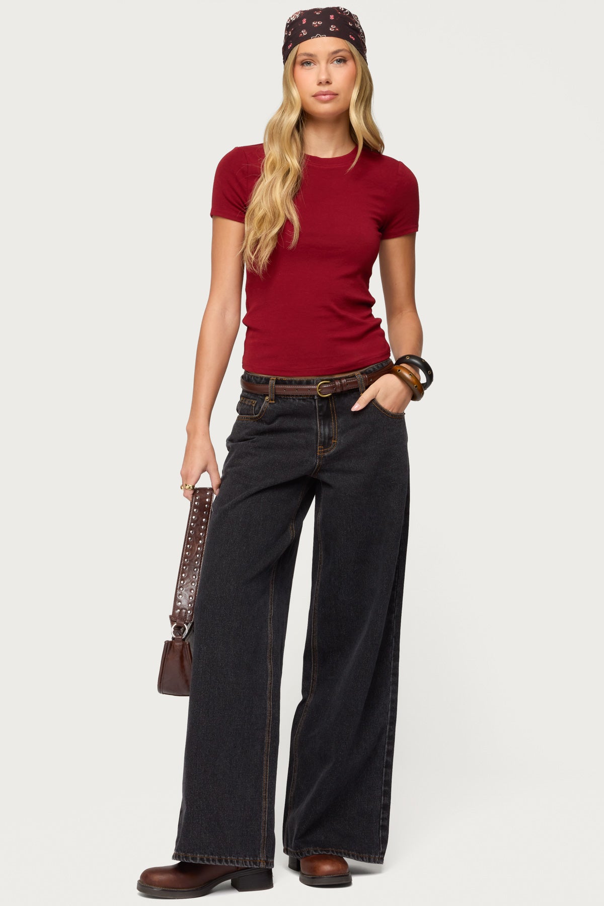 Contrast Stitch Low Rise Wide Leg Jeans