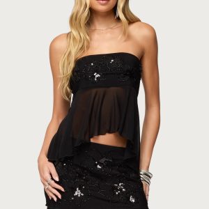 Steffie Strapless Beaded Mesh Top