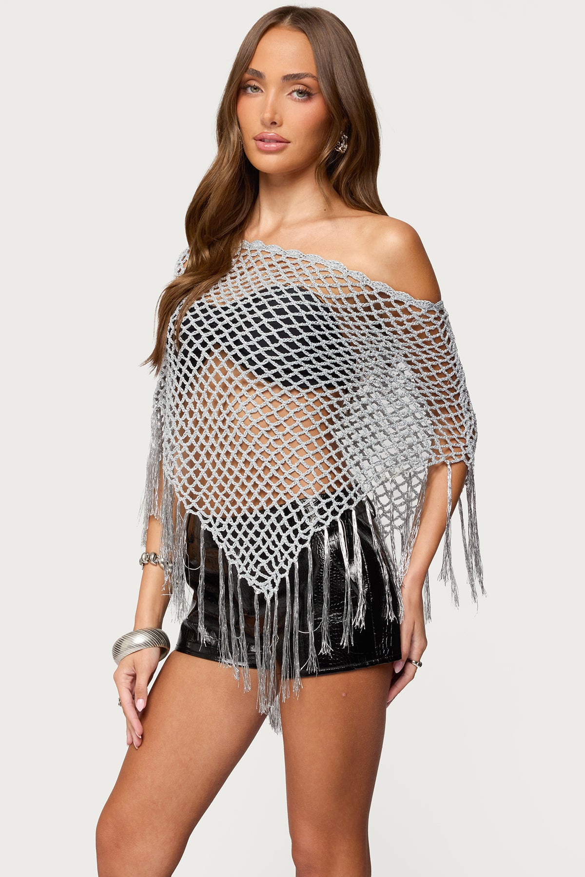 Evette Fringe Open Knit Metallic Poncho - Image 3