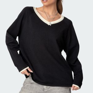 Contrast V Neck Knit Sweater
