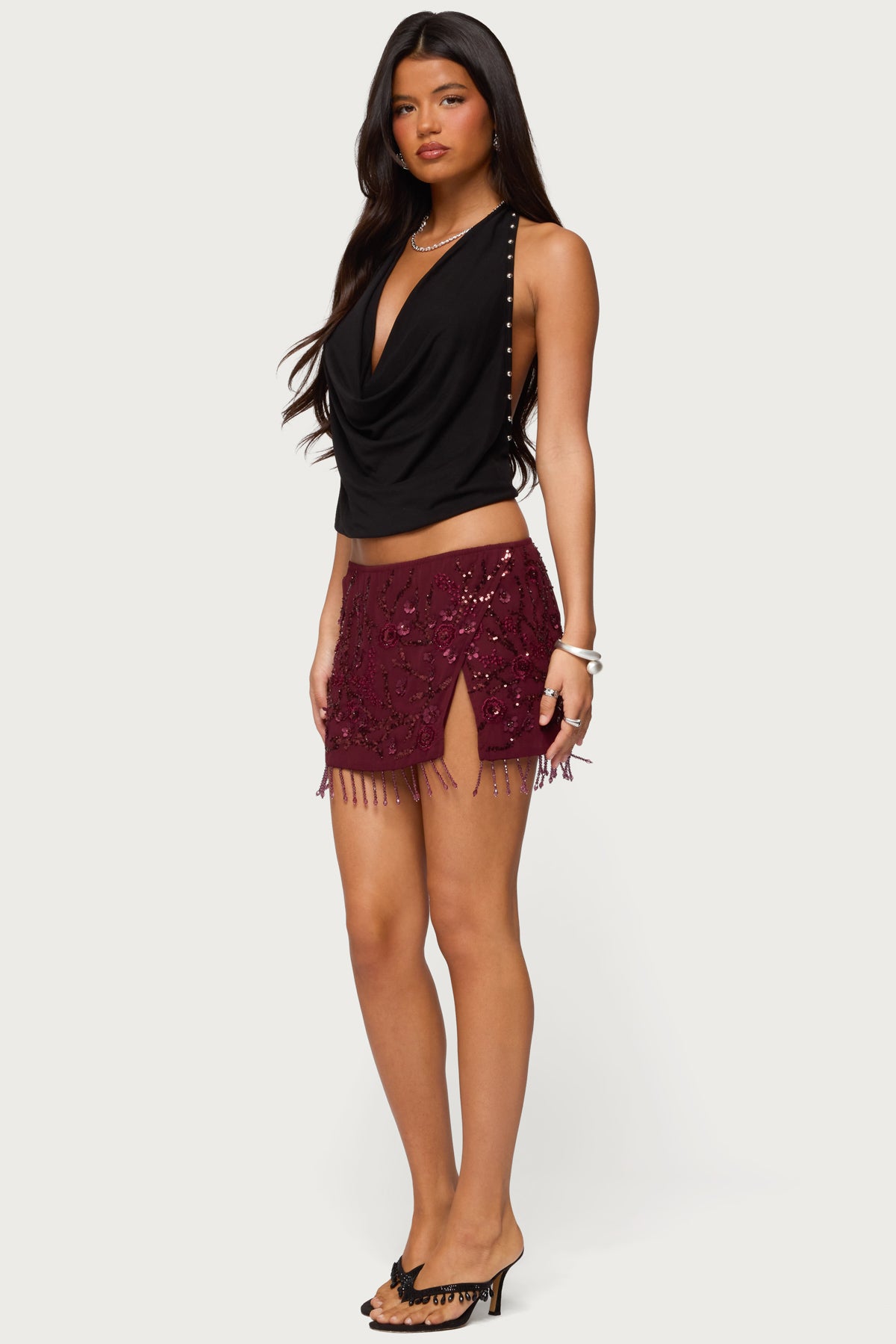 Chiffon Sequin Bead Fringed Mini Skirt - Image 4