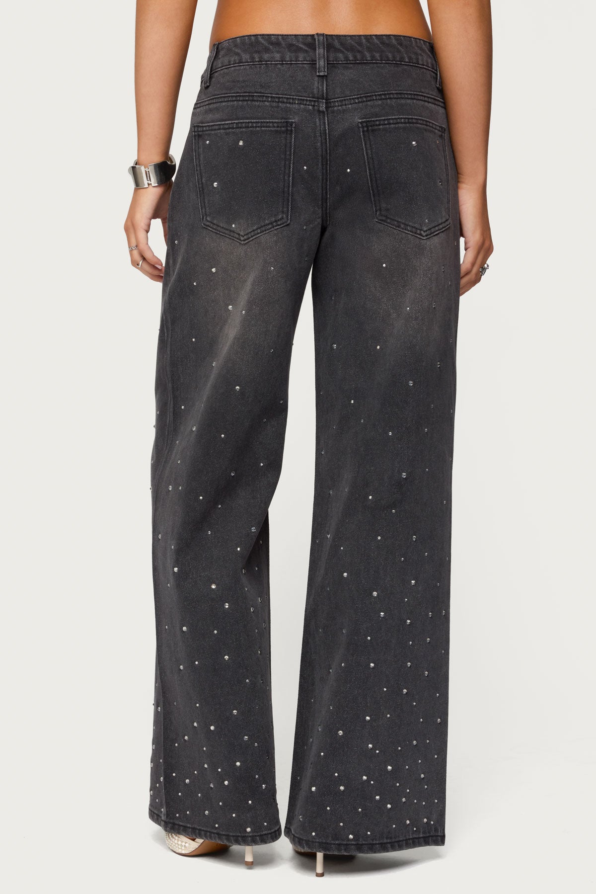 Rhinestone Low Rise Washed Jeans - Image 4
