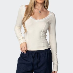 Mel Lace Trim V Neck Top