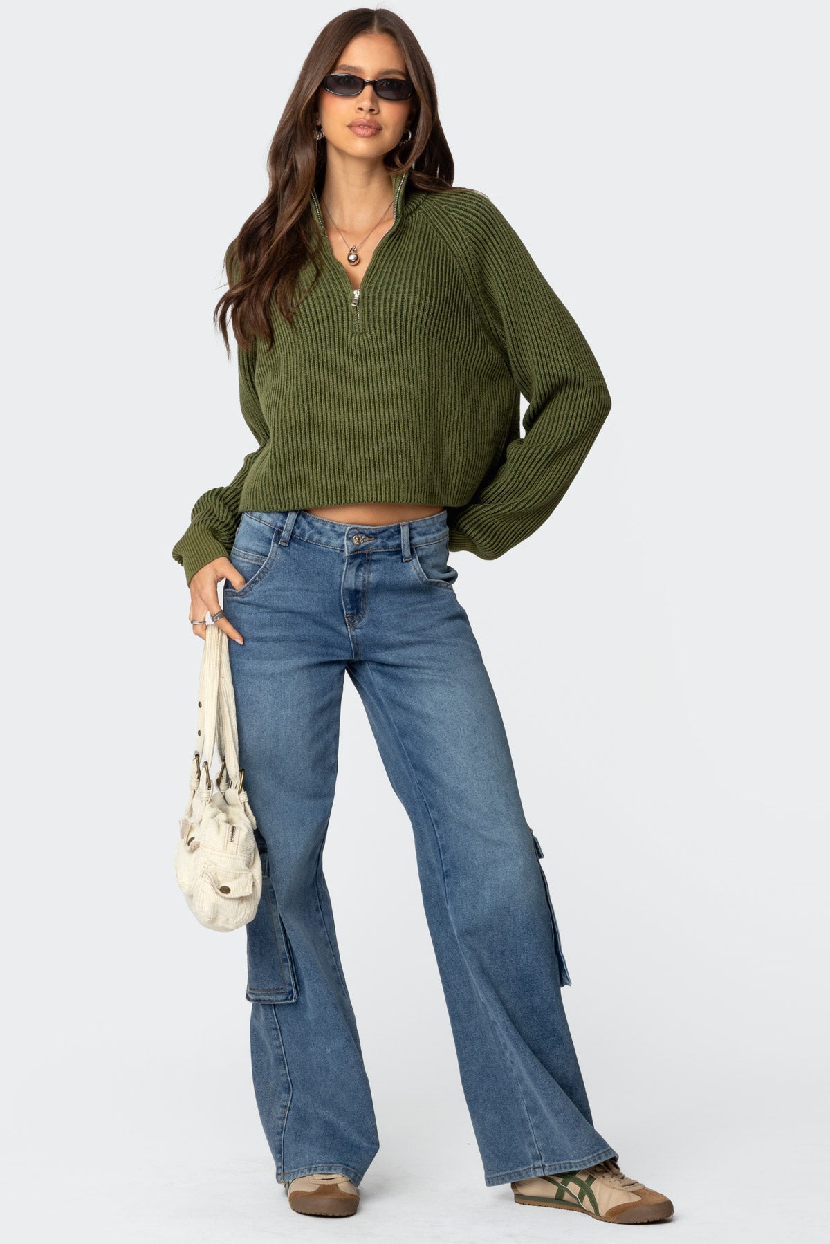 Cropped Rib Knit Half Zip Sweater - Image 5
