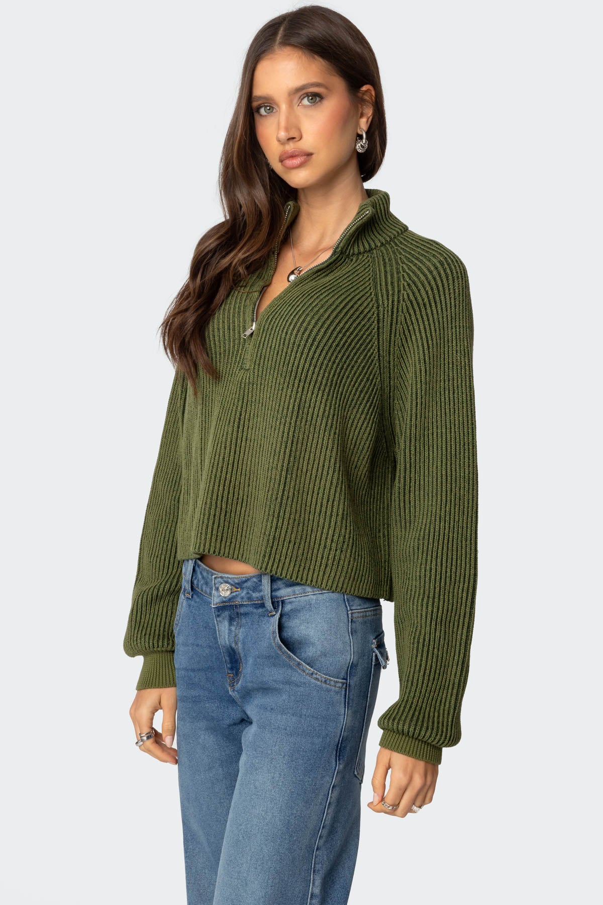 Cropped Rib Knit Half Zip Sweater - Image 3