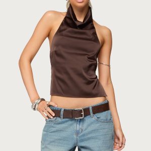 Satin Effect Backless Cowl Neck Top