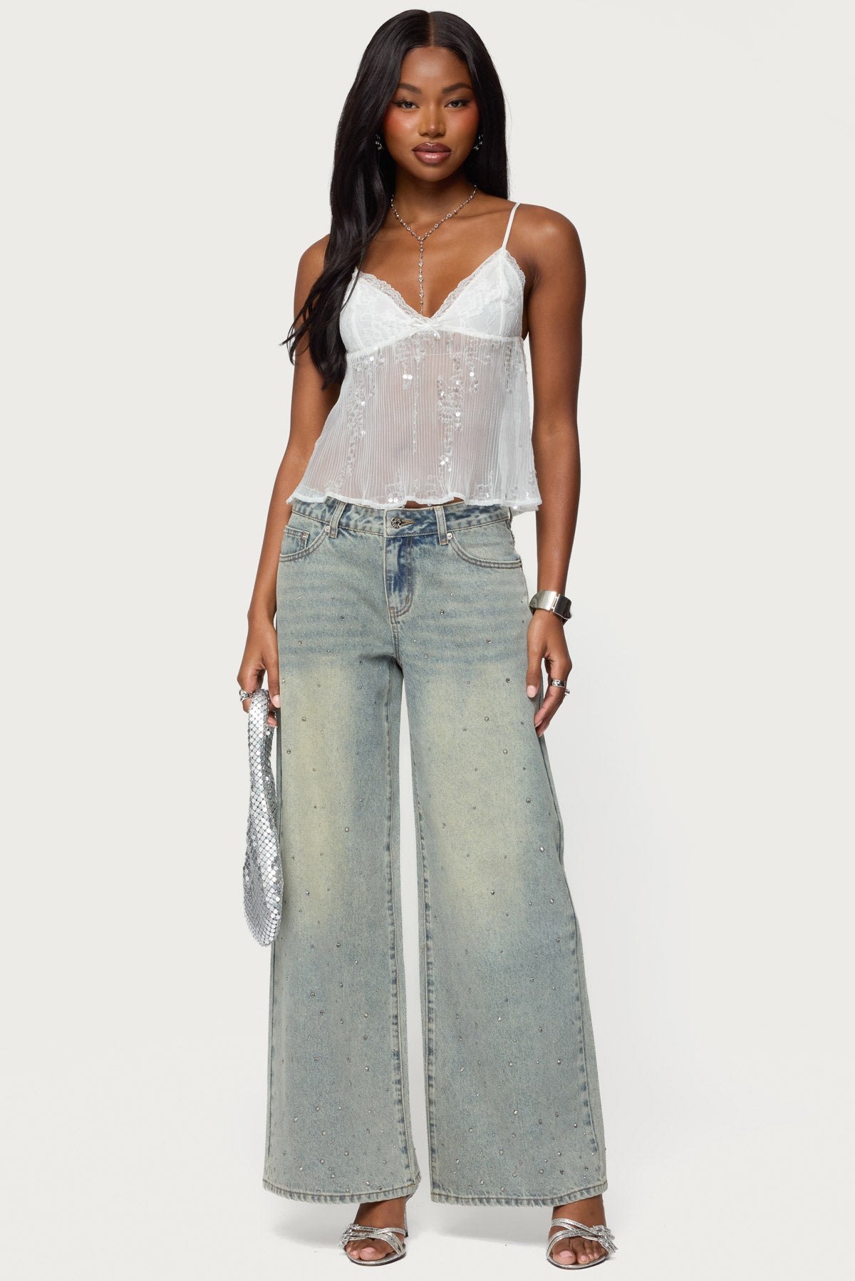 Sequin Sheer Mesh Babydoll Top - Image 2