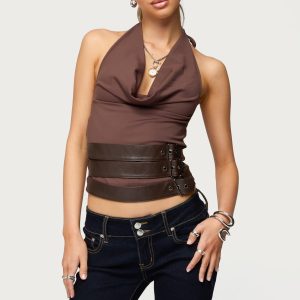 Buckle Cowl Neck Backless Top