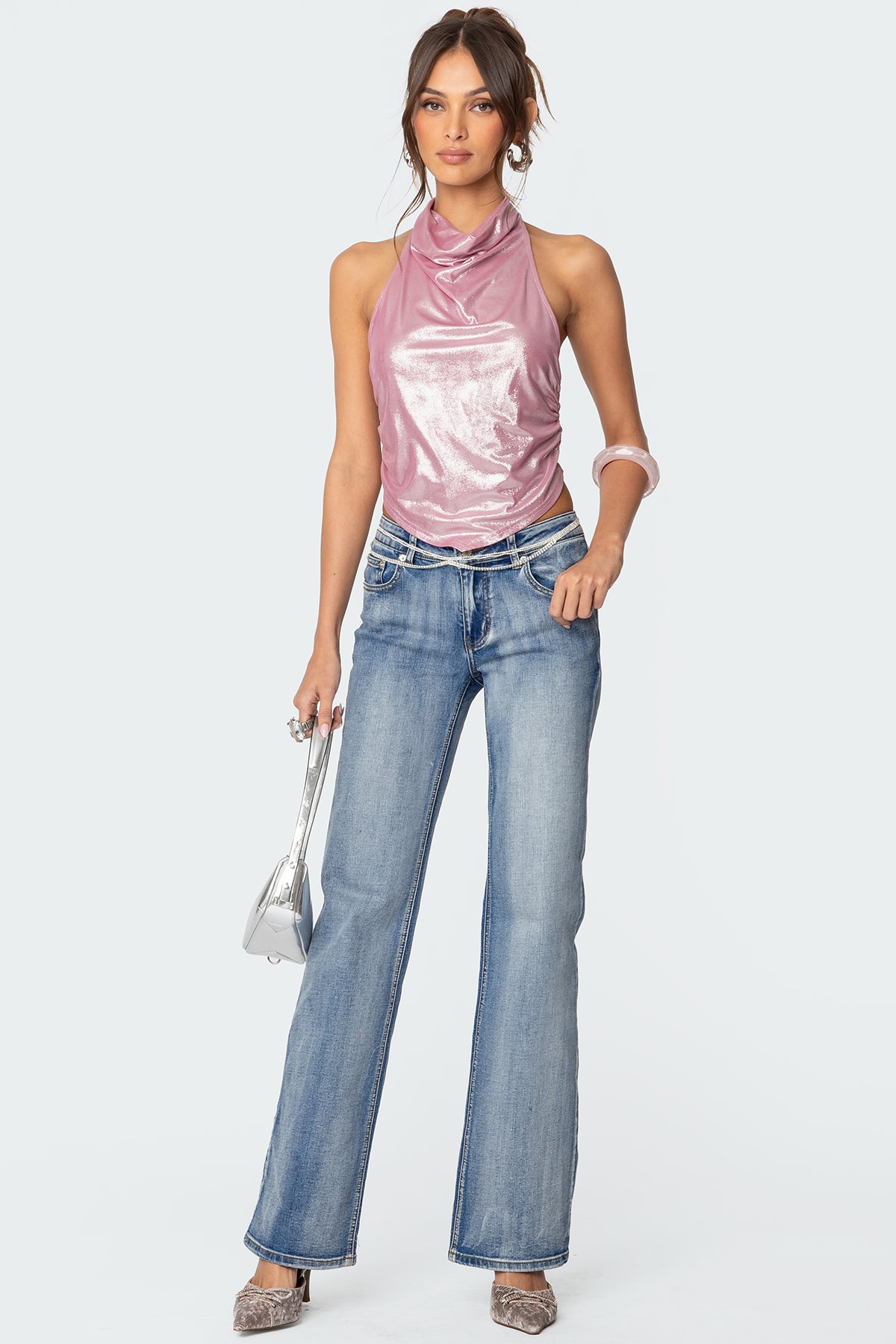 Shiny Backless Cowl Neck Top - Image 5