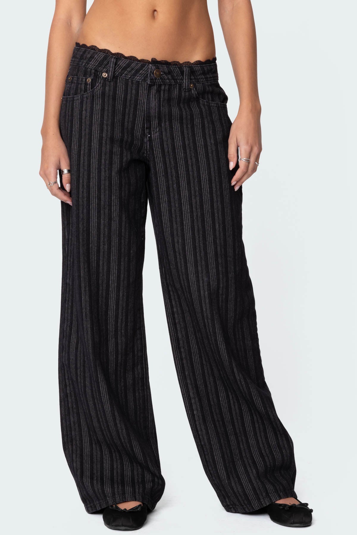 Lace Trim Striped Low Rise Jeans - Image 2