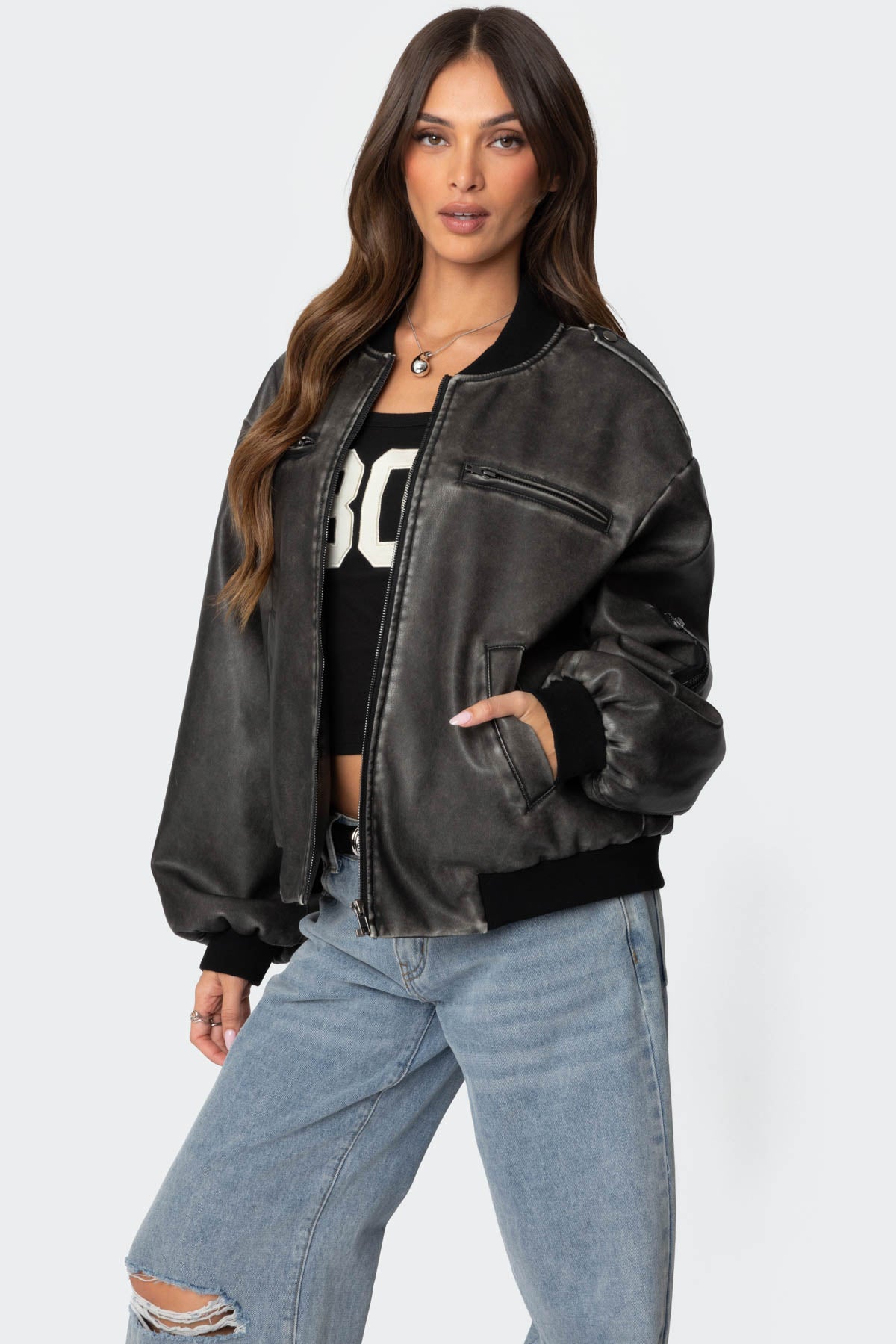 Vava Washed Faux Leather Bomber Jacket - Image 3