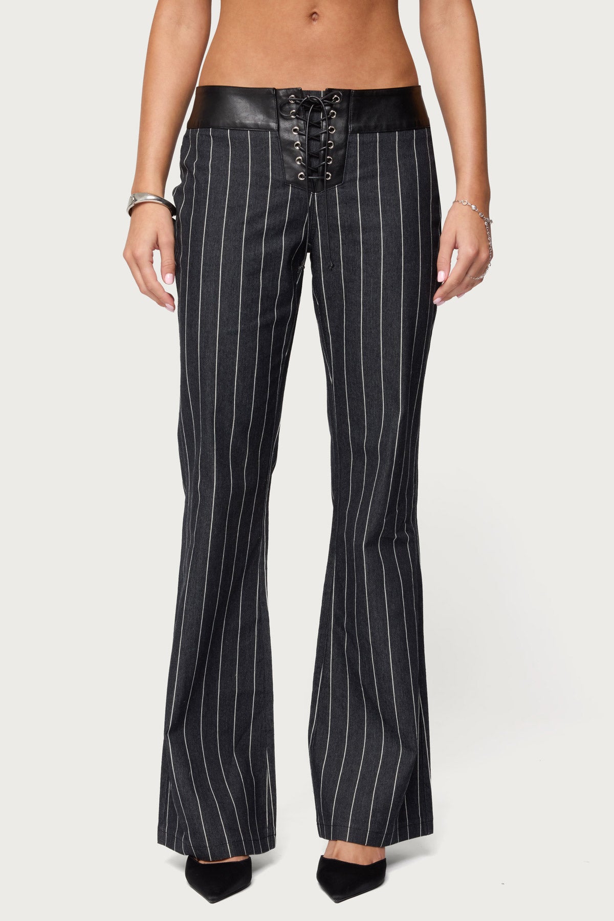Pinstripe & Faux Leather Low Rise Bootcut Jeans - Image 2