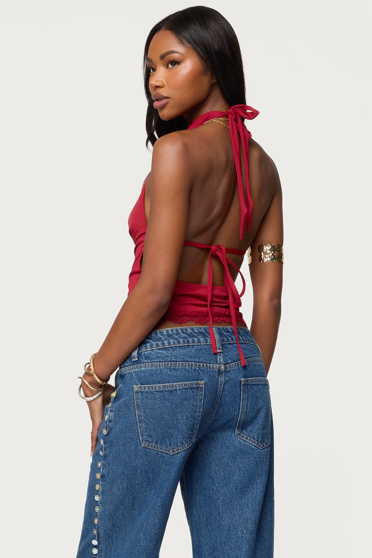 Layered Lacey Cowl Neck Halter Top - Image 5